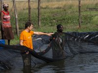 Jan Stas during the monitoring harvest of the fishpond with dam liner (Photo by Michal Černý)