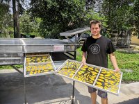 Jan Staš a vzorky sušené v solární sušárně "double pass" navrhnuté na FTZ Janem Banoutem